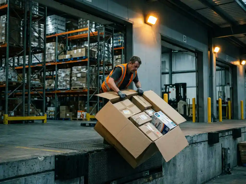 Magazijnmedewerker beheert overvolle kartonnen doos met pakketjes op laadperron, met industriële palletrekken op de achtergrond.