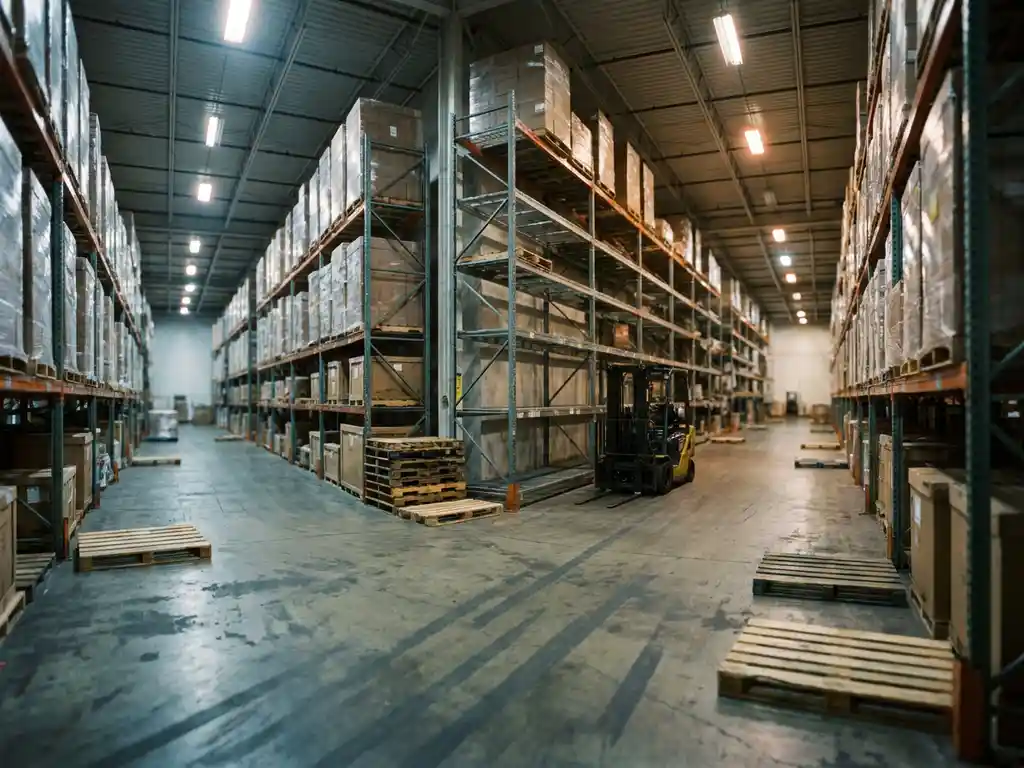 Verlaten magazijngang met vijflaags palletrekken vol krimpfolie-verpakte goederen, een stilstaande heftruck en lege pallets op betonnen vloer.