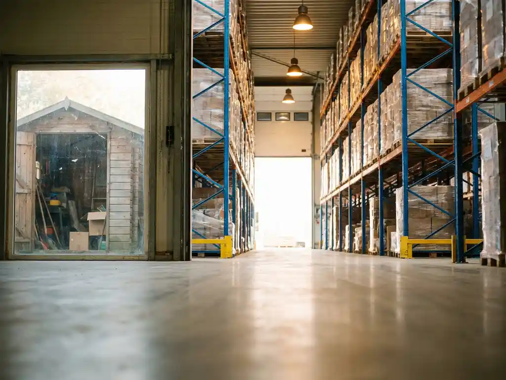 Georganiseerd magazijn met hoge palletrekken vol krimpfolie-verpakte goederen, breed middenpad en industriële verlichting op ooghoogte.