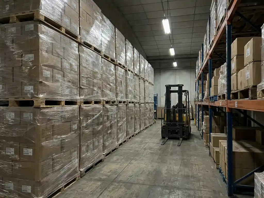 Hoge pallets met krimpfolie in een magazijn, stoffige kartonnen dozen op stellingen, een vorklift in het smalle gangpad.