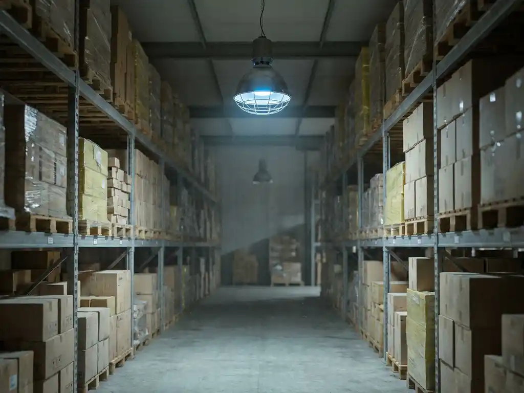 Verlaten magazijnpad met hoge palletrekken vol stilstaande kartonnen dozen en ingepakte pallets onder industriële TL-verlichting.
