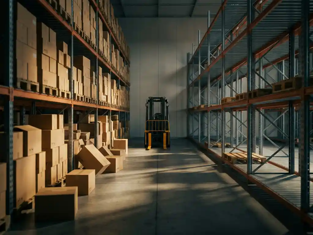 Magazijngang met vijflaags palletrekken, één kant volgestapeld met kartonnen dozen op de vloer, andere kant leeg, heftruck geparkeerd in het midden.