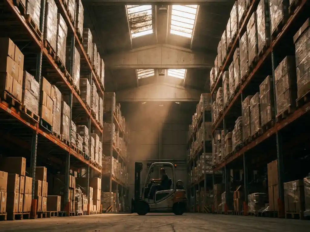 Vorkheftruck rijdt door hoog magazijnpad met vloer-tot-plafond pallets, industrieel amber licht vanuit dakramen.