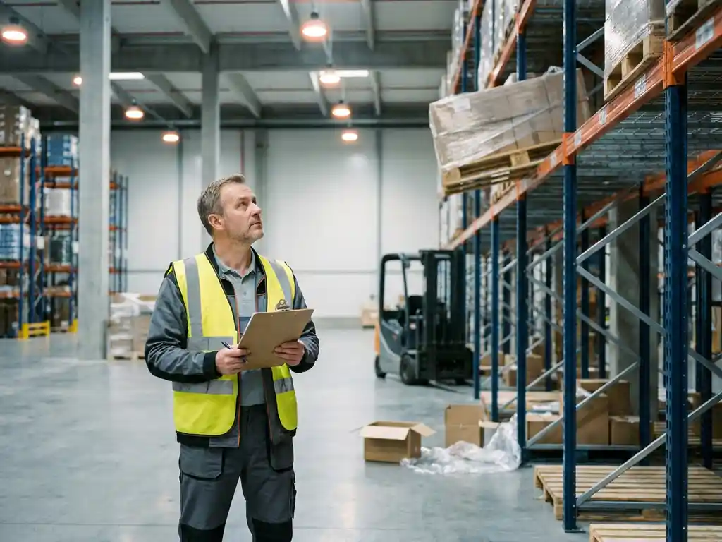 Magazijnmedewerker met klembord inspecteert gedeeltelijk gevulde palletrekken in modern distributiecentrum met inactieve heftruck op achtergrond.