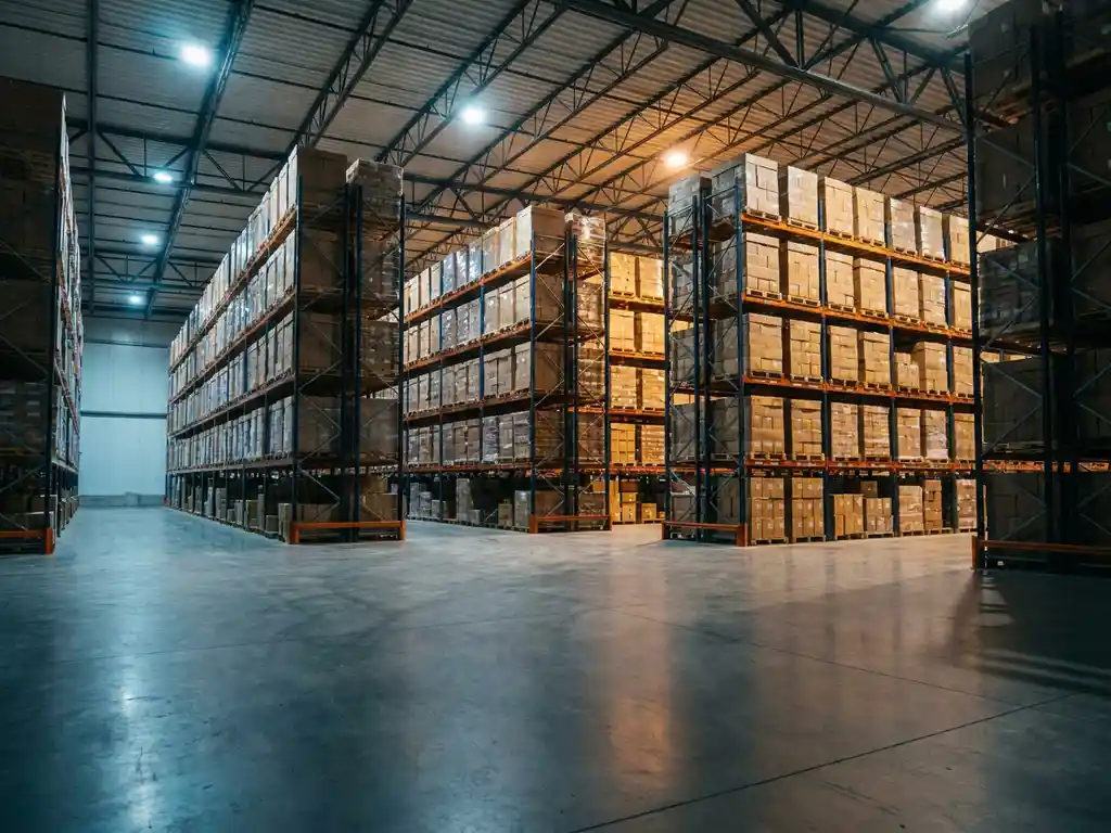Ruim modern magazijn met hoge palletrekken vol kartonnen dozen, breed gangpad en industriële verlichting in staal- en amberkleurige tinten.