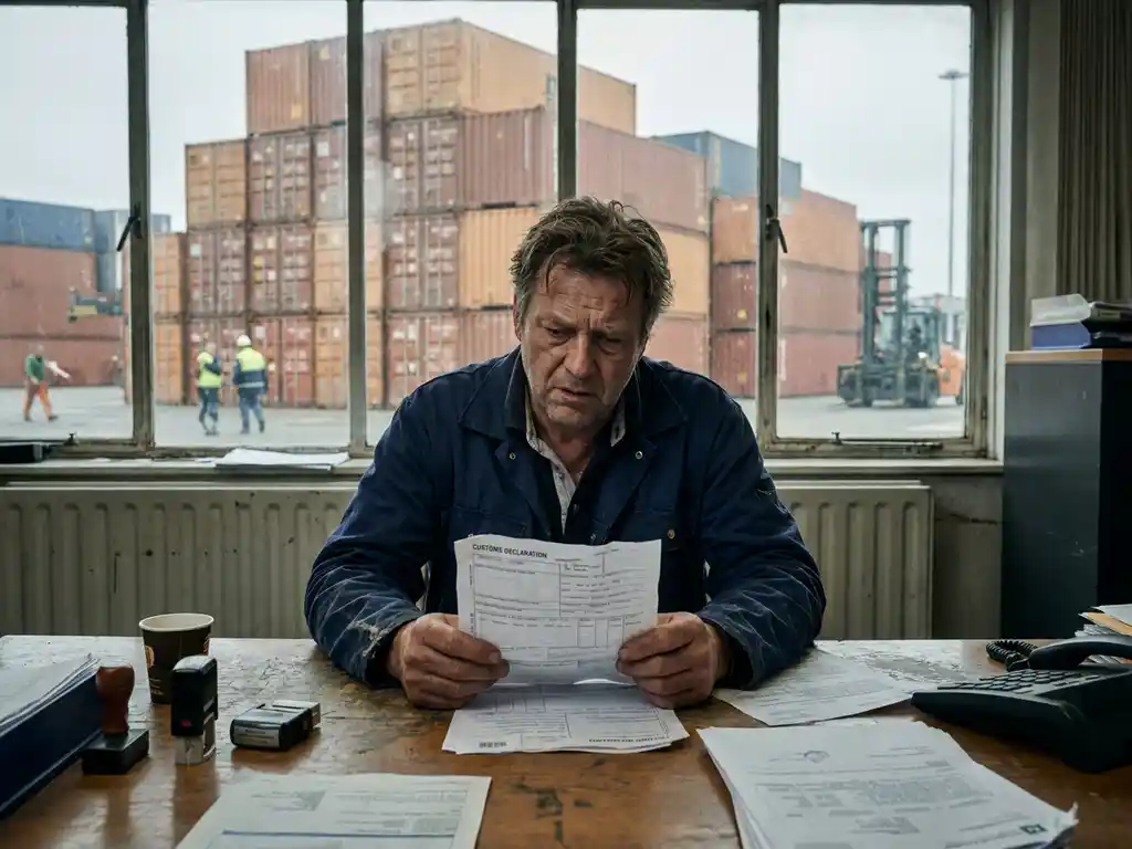 Gestresste Nederlandse ondernemer met verfrommeld douaneformulier in Rotterdams vrachtkantooor, scheepscontainers zichtbaar op achtergrond.