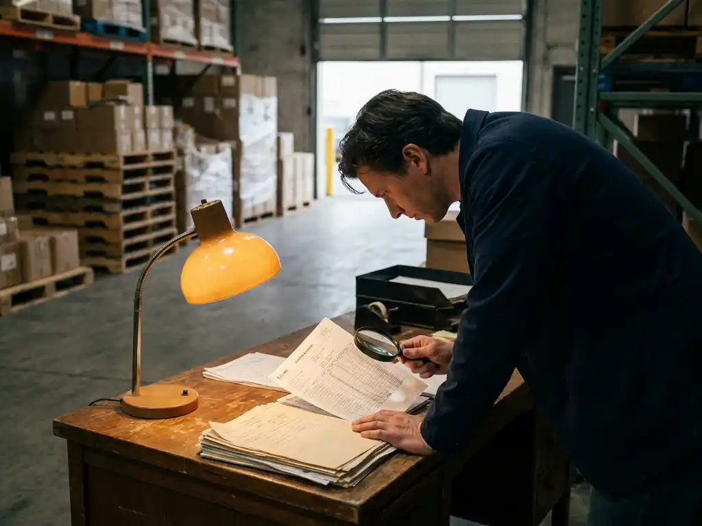 Ondernemer bestudeert verzendmanifest aan magazijnbureau, met pallets en laaddok op de achtergrond in warm amberkleurig licht.
