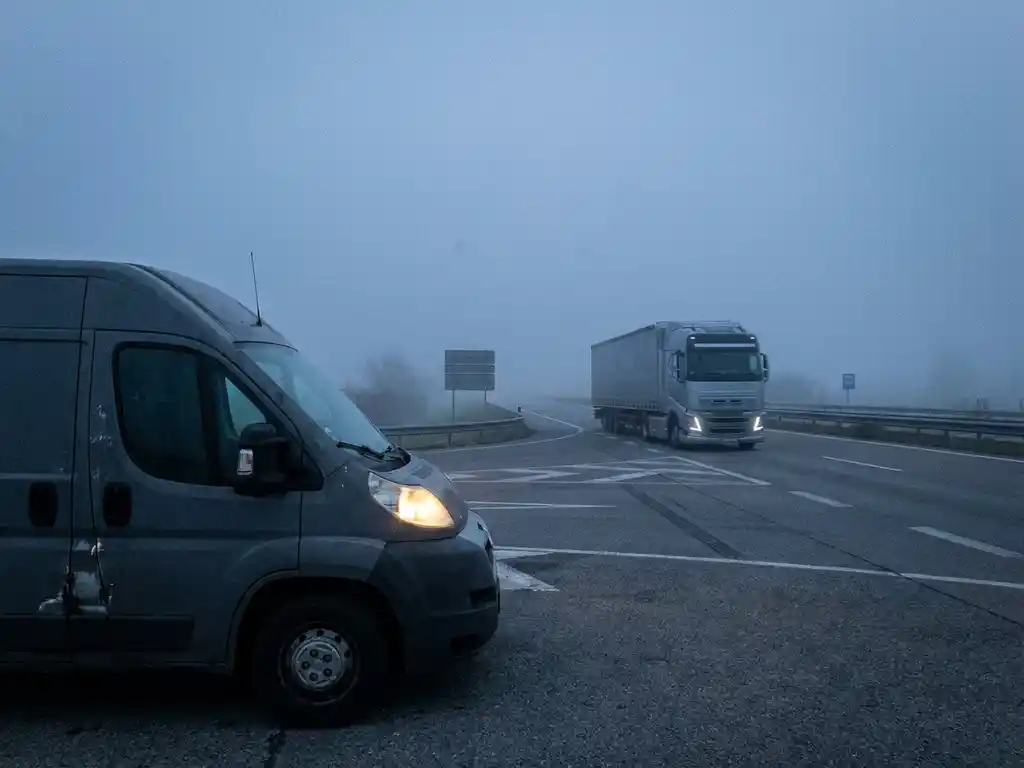 Verouderd bezorgbusje stilgeparkeerd op mistig Europees kruispunt bij dageraad, moderne vrachtwagen rijdt zelfverzekerd weg op achtergrond.