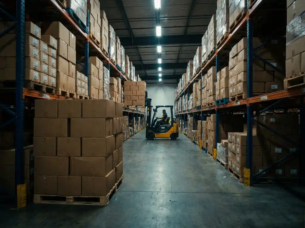 Overvolle magazijnstelling met hoog opgestapelde pallets identieke dozen, een vorklift klein in het perspectief van stalen rekken onder tl-verlichting.