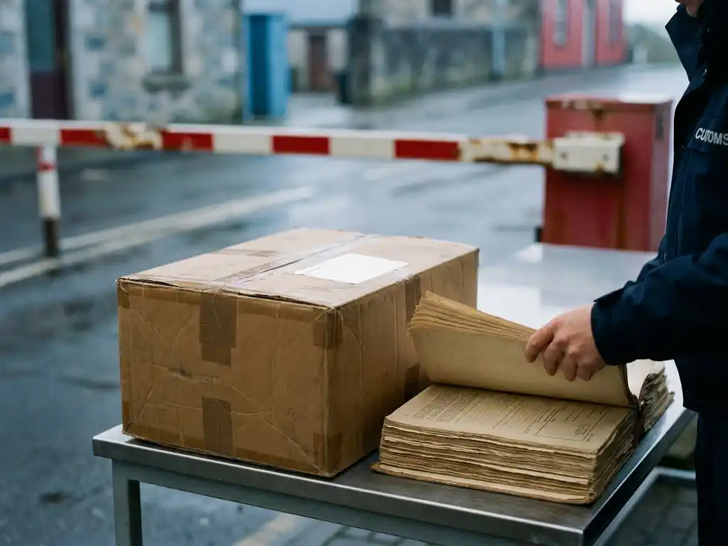 Douanebeambte met gehandschoende hand houdt regelgevingsdocument naast verzegelde kartonnen doos bij Europees grenscontrolepost.