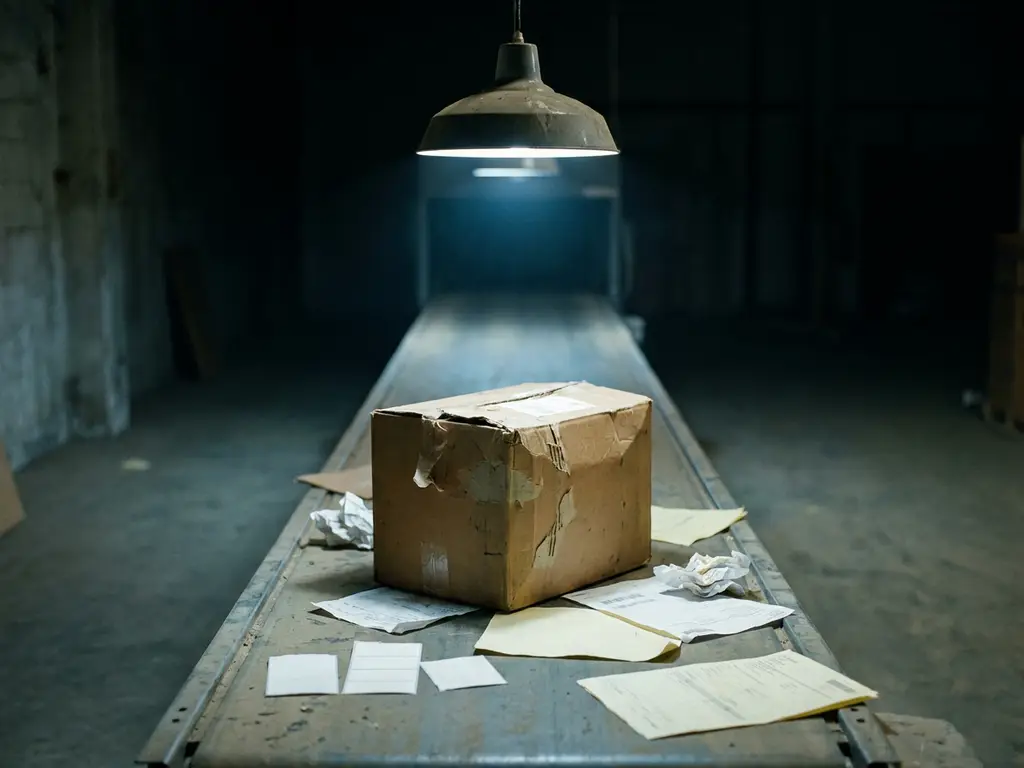 Verweerde kartonnen verzenddoos op een transportband in een donker magazijn, verlicht door één scherpe lamp met verstrooide routeringslabels.