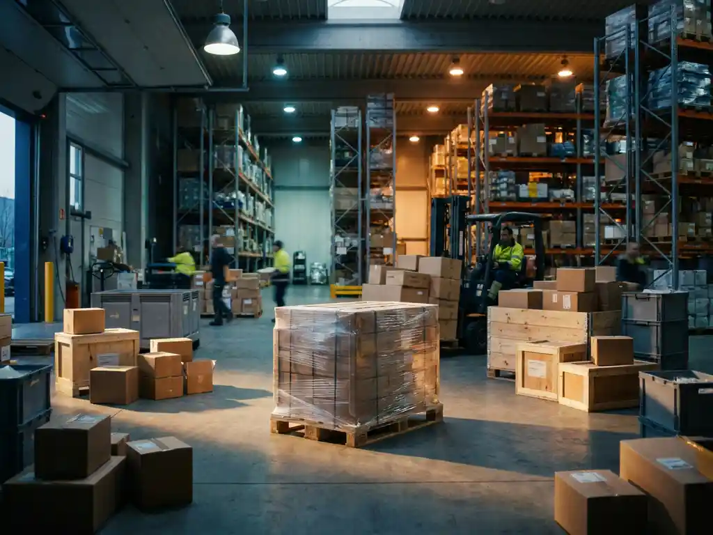 Geconsolideerde verzendpallet in stretchfolie op Europees magazijn laaddok, met heftruck die pakketten samenvoegt op de achtergrond.