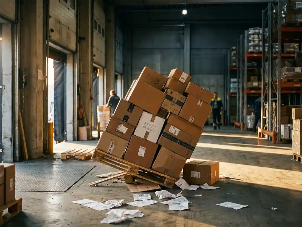 Gebarsten houten pallet bezwijkt onder toren van ongelijke kartonnen dozen in druk Europees magazijn, verzenddocumenten verspreid op betonvloer.
