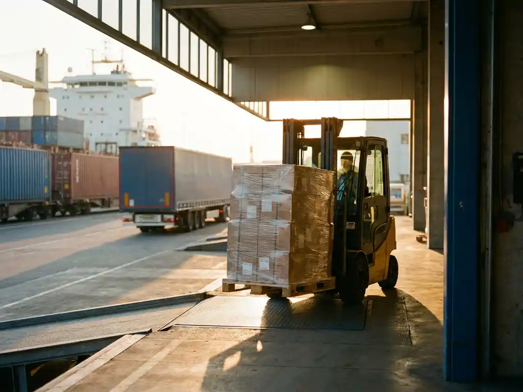 Vorkheftruck laadt pallets met ingepakte dozen in Europees logistiek hub, met vrachtauto, treincontainer en vrachtschip op achtergrond.