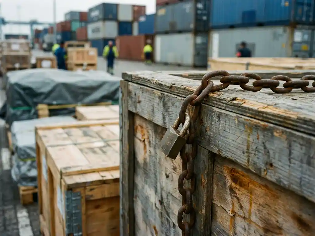 Verroeste ketting op houten transportkist aan Europese logistieke haven, met wazige vrachtcontainers op de achtergrond.