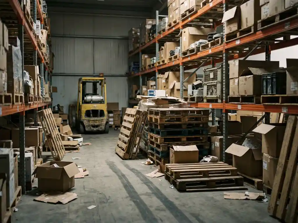Rommelig magazijnpad met verkeerd geplaatste pallets, verspreid karton en een stilstaande heftruck bij overvolle stellingkasten.