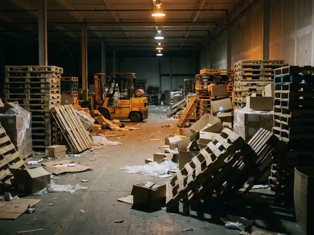 Rommelig magazijn met scheve pallets, verspreid karton en een stilstaande heftruck op de achtergrond in zwak industrieel licht.