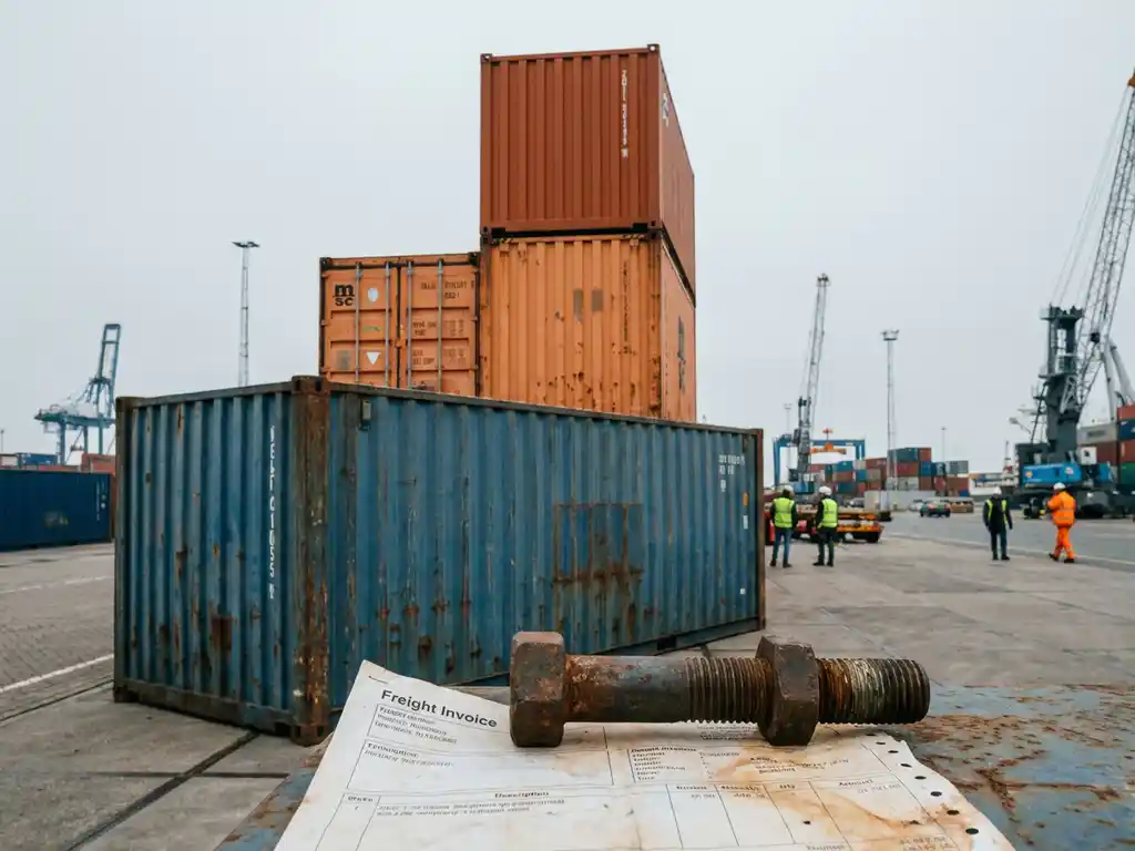Gestapelde zeecontainers op de Rotterdamse haven met vrachtfactuur onder metalen bout, staalblauwe en oranje tinten.