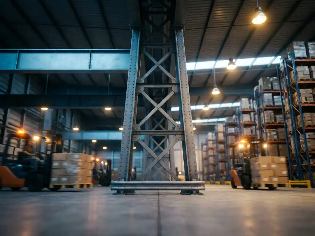 Stalen stellingstructuur in een Europees distributiecentrum met vorkheftrucks en pallets op de achtergrond, gefotografeerd vanuit vloerniveau.