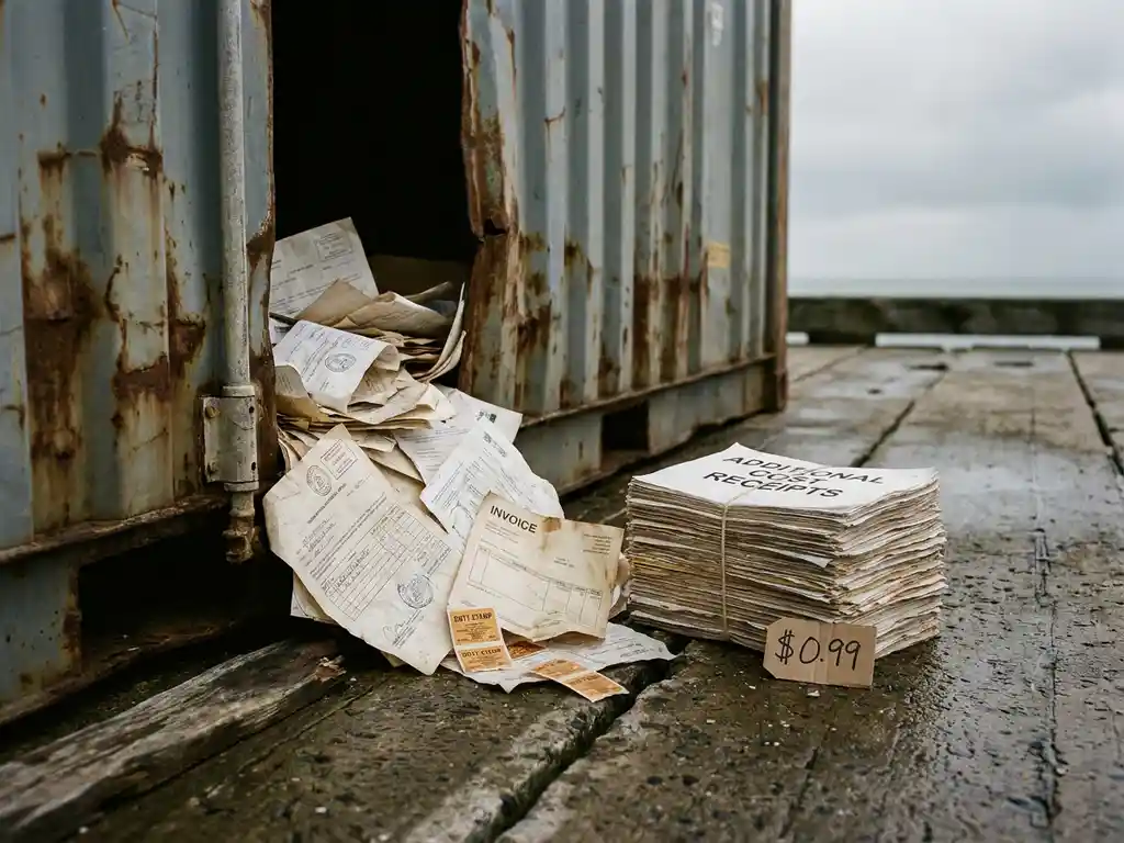 Opengebarsten zeecontainer op verweerde kade met douanedocumenten, verborgen factuur en onverwachte invoerrechten op nat beton.
