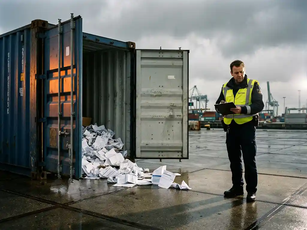 Douanebeambte bij geopende scheepscontainer op Rotterdamse kade, omringd door gemorste facturen en toldocumenten op nat beton.
