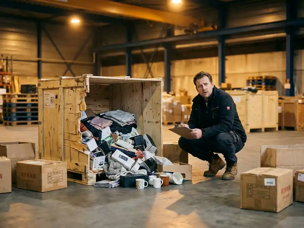 Europese koper bij geopende scheepskist in Rotterdams magazijn met verkeerde goederen en Aziatische verpakkingen op betonvloer.