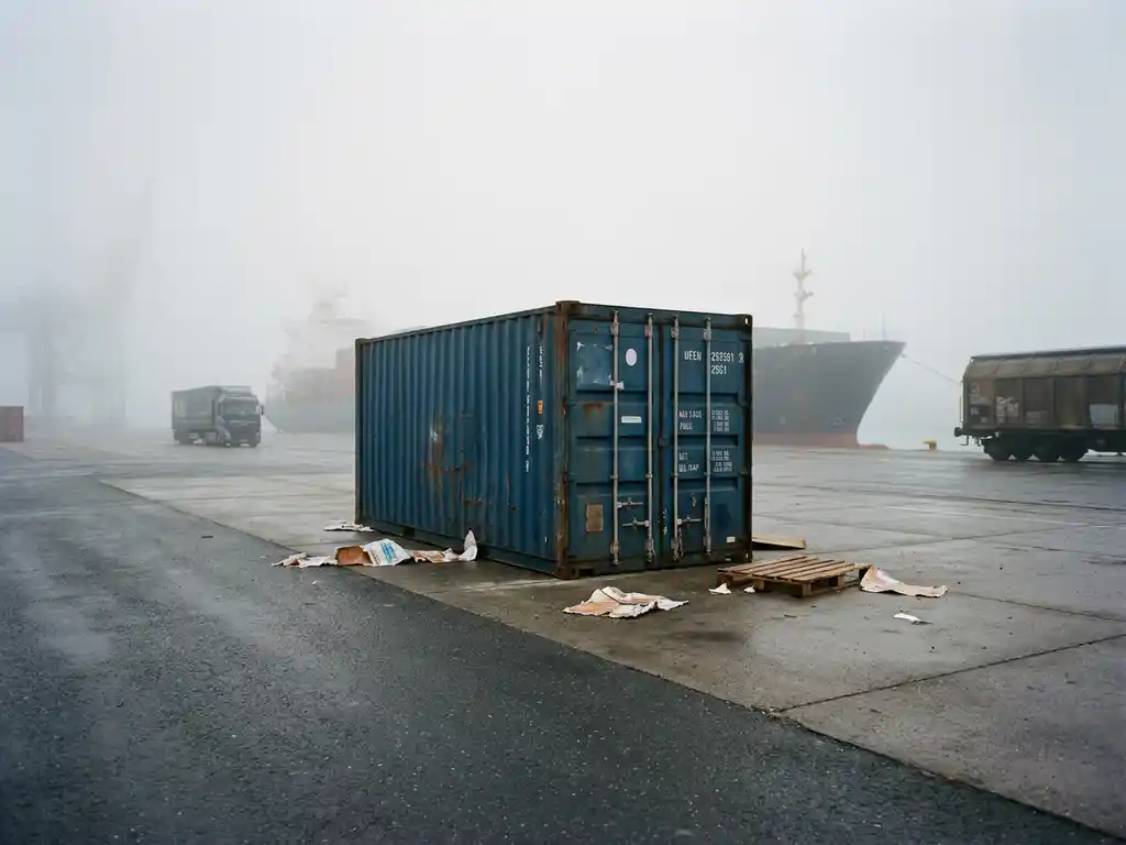 Verloren zeecontainer op mistige terminal met verspreide vrachtlabels, verlaten pallet en schip, vrachtwagen en goederenwagon op achtergrond.