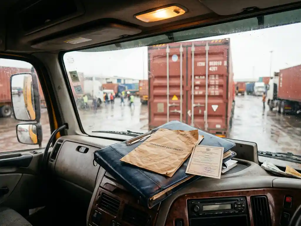 Vrachtdocumenten en vergunningsmap op het dashboard van een vrachtwagencabine, met verzegelde container zichtbaar in Europese logistieke haven.