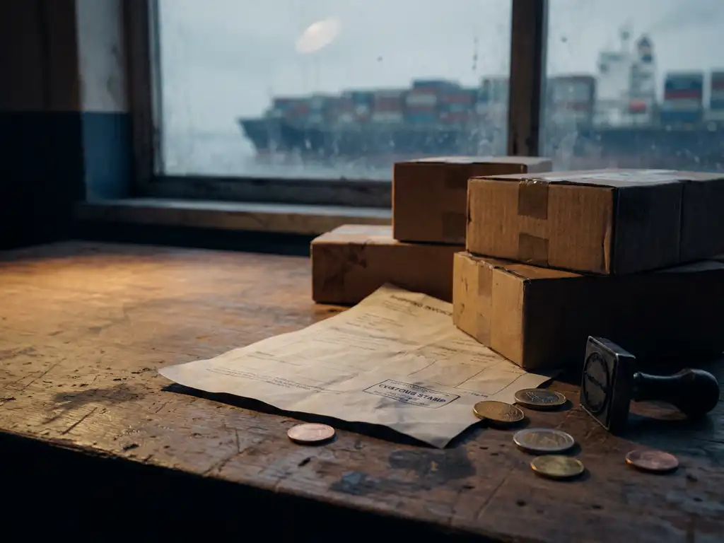 Scheepsinvoice onder kartonnen dozen op houten magazijnbureau, met douanestempel en euromunten, containerschip zichtbaar door stoffig raam.