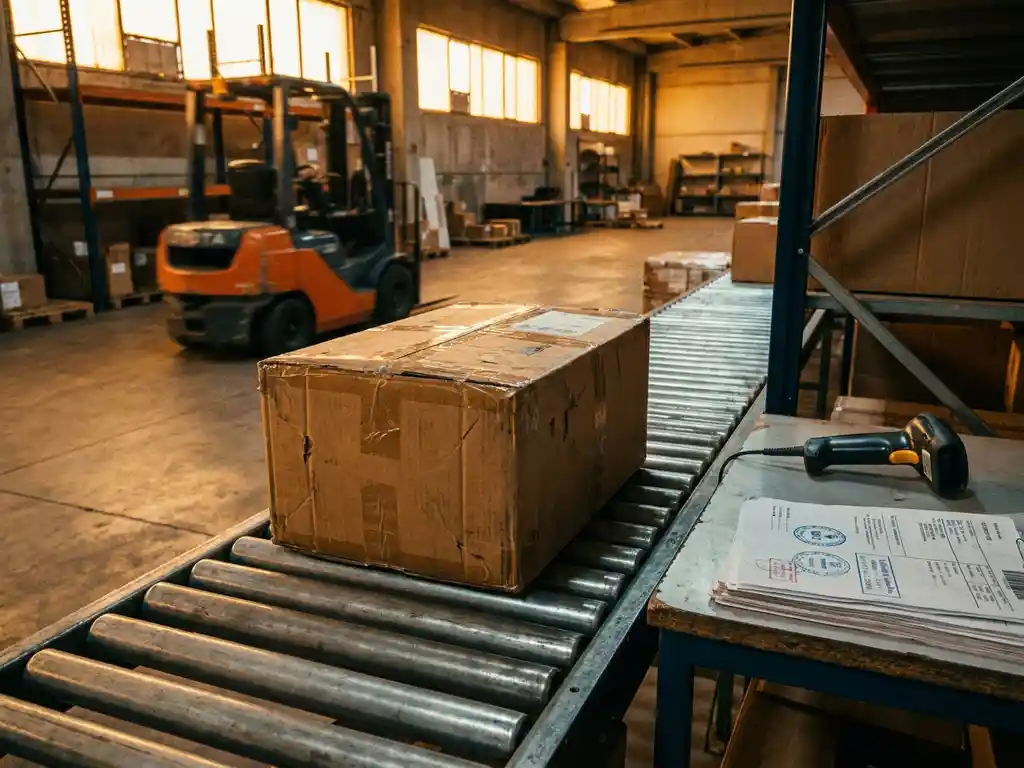 Verzegelde kartonnen verzenddoos op transportband in magazijn, omgeven door barcodescanners en douanedocumenten, warme industriële belichting.