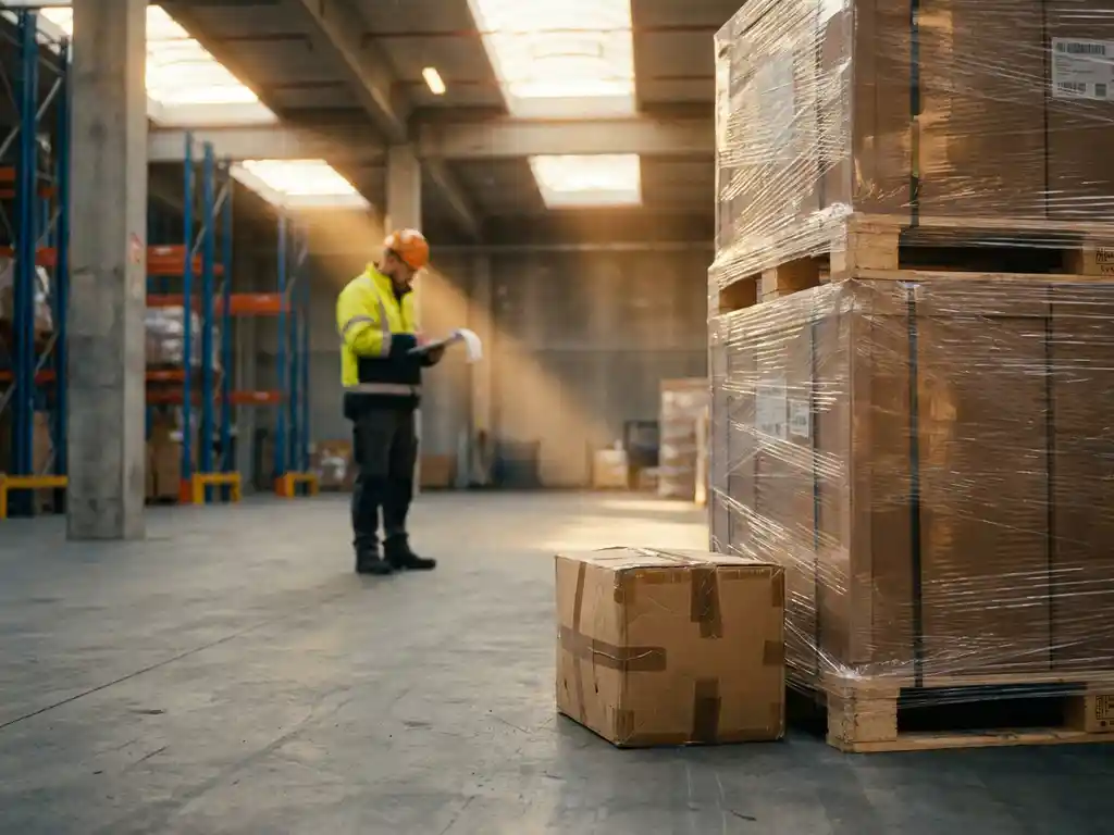 Kleine kartonnen doos van een zelfstandige verzender naast een hoge palletstapel op een drukke Rotterdamse magazijndok.