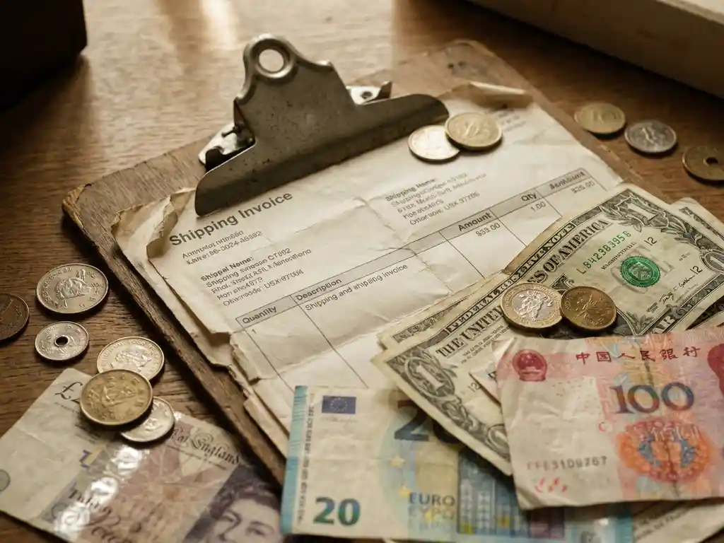 Verzendfactuur op verweerd klembord omringd door euro's, Chinese yuan en Amerikaanse dollars op een oud eikenhouten bureau.