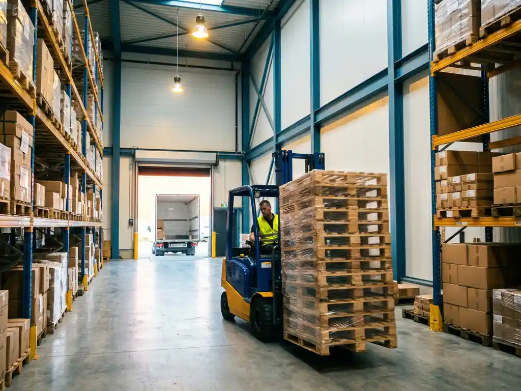 Vorkheftruckchauffeur rijdt palletstapel door modern magazijn met vijflaags rekken en open laaddeur naar bezorgwagen.