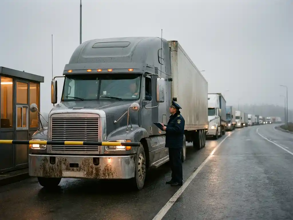 Vrachtwagen wacht bij douanecontrole, uniformed inspecteur met klembord naast de cabine, lange rij trucks in mistige achtergrond.