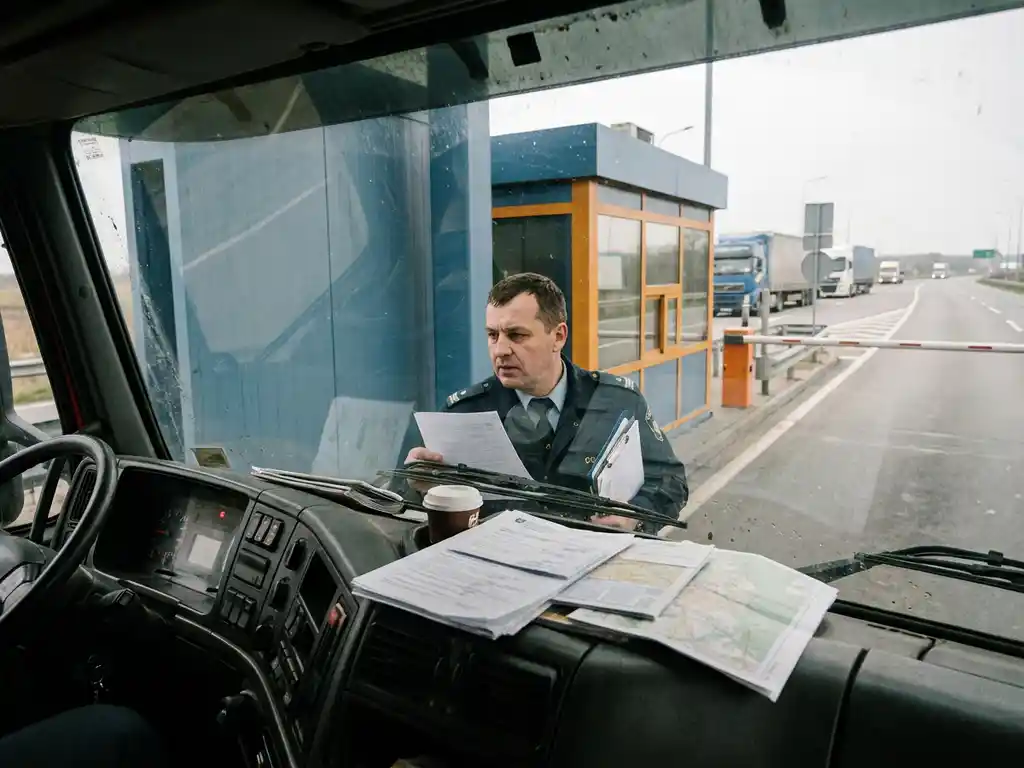Vrachtwagen aan grensovergang terwijl douanebeambte papieren controleert, documenten op dashboard, bewolkte Europese snelweg.