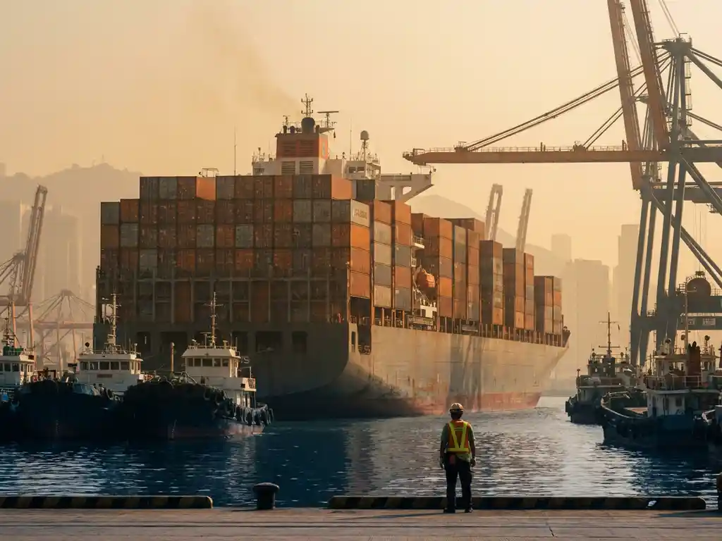 Vrachtschip beladen met roestoranje en staalgrauwe zeecontainers in drukke Aziatische haven, met havenarbeider op voorgrond.