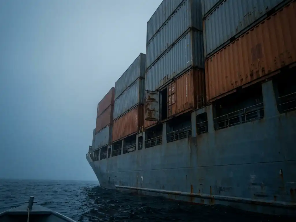 Vrachtschip met hoog opgestapelde containers in roestoranje en grijs vaart door mistige oceaan, één containerdeur op een kier.