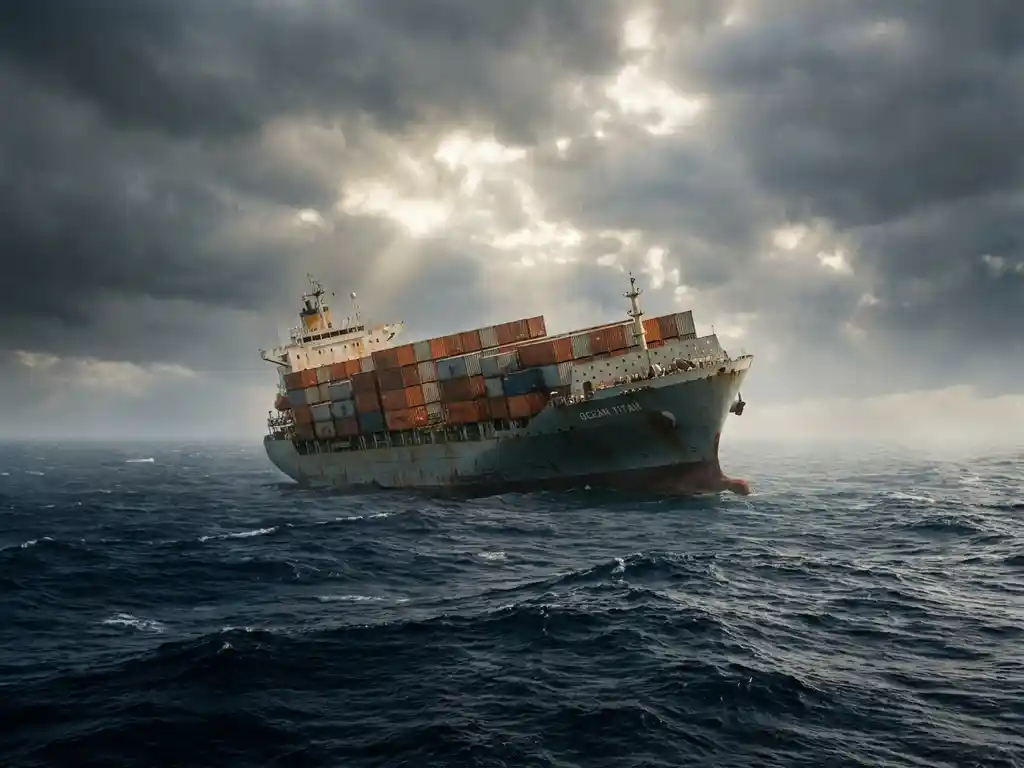Vrachtschip beladen met oranje en grijze zeecontainers vaart door ruwe oceaan onder bewolkte lucht.