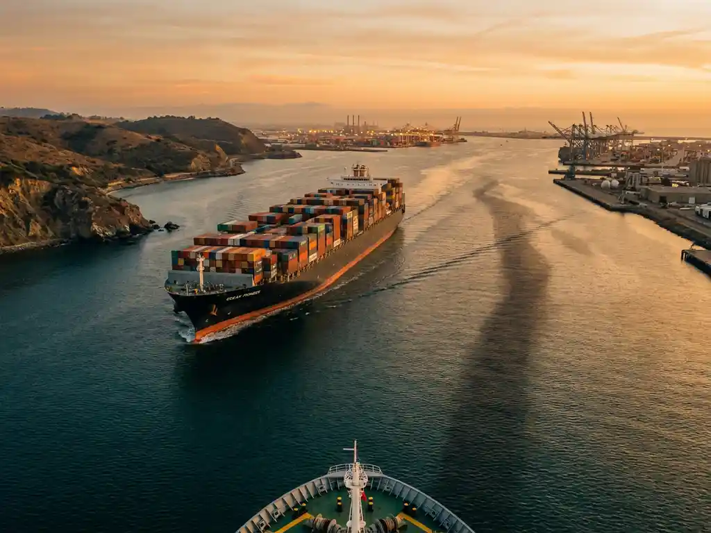 Containerschip vaart door een breed kanaal tussen twee kustlijnen in gouden middaglicht, met een verre haven op de achtergrond.