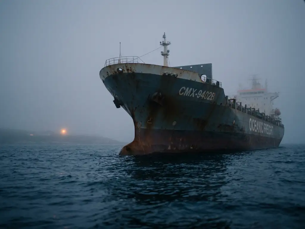 Groot containerschip vaart door oceaanmist richting Europese haven, gefotografeerd vanuit laag perspectief met donkerblauw water en staalgrijs lucht.