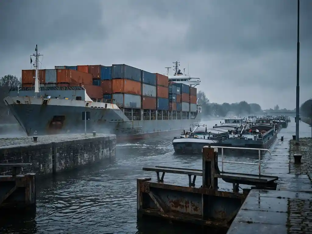 Vrachtschip met gestapelde zeecontainers in een Europese kanaalsluis, binnenvaartschepen wachten in de rij bij laag hangende mist.