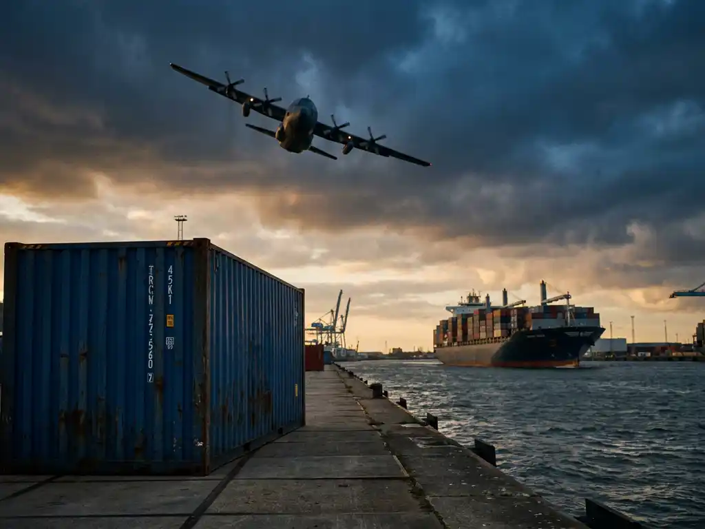 Vrachtvliegtuig boven containerschip in de haven van Rotterdam, met een zeecontainer op de voorgrond in marineblauw en amberkleurig licht.