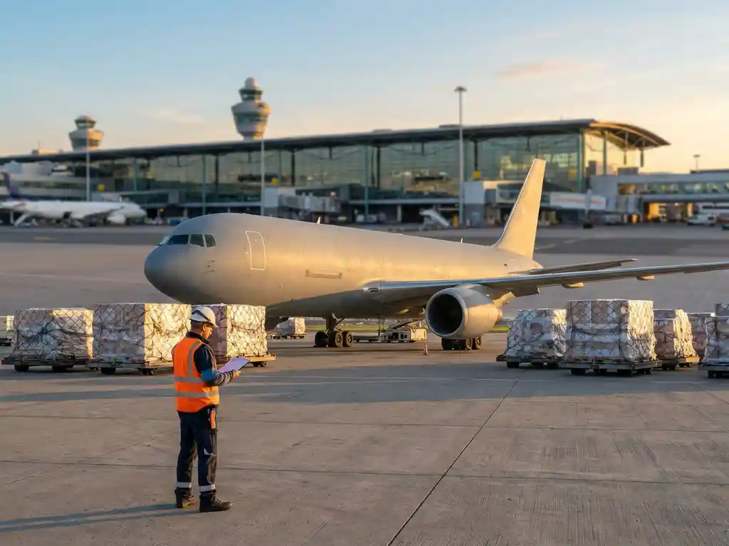 Vrachtvliegtuig op het tarmac van Schiphol omringd door gepalletiseerde vracht, logistiek medewerker controleert klembord in gouden avondlicht.