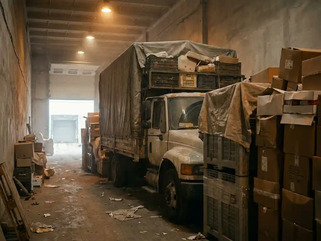 Zwaar beladen vrachtwagen geblokkeerd in smalle magazijngang door hoge pallets ongesorteerde dozen, met open laaddeur op de achtergrond.