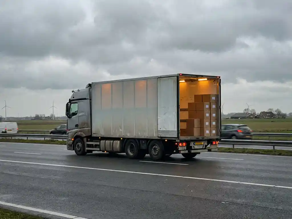 Halfvolle vrachtwagen op Nederlandse snelweg met kartonnen dozen in één hoek van de laadruimte, vlak polderlandschap op de achtergrond.