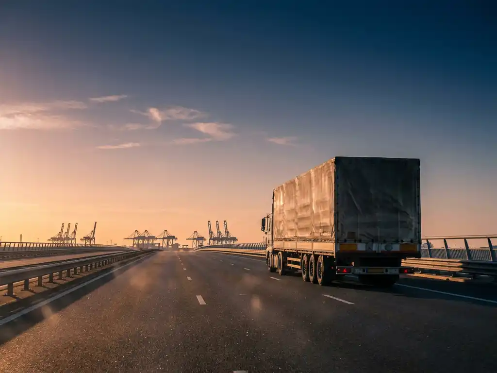 Vrachtwagen op snelwegbrug bij gouden uur met havenkranen van Rotterdam zichtbaar aan de horizon.