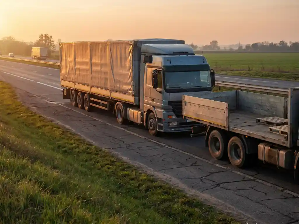 Twee vrachtwagens op Europese snelweg bij gouden uur: één volledig beladen, de andere met slechts enkele pallets.