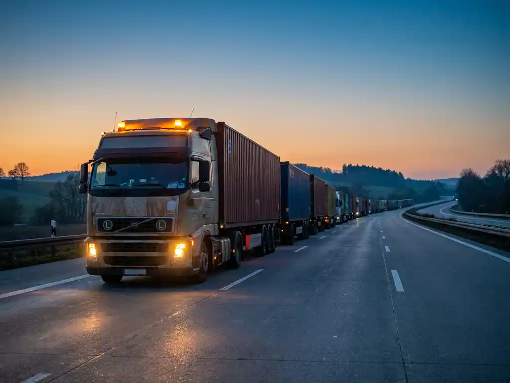 Stilstaande vrachtwagen op lege Europese snelweg bij schemering, met oranje knipperlichten en rij vrachtwagens op de achtergrond.