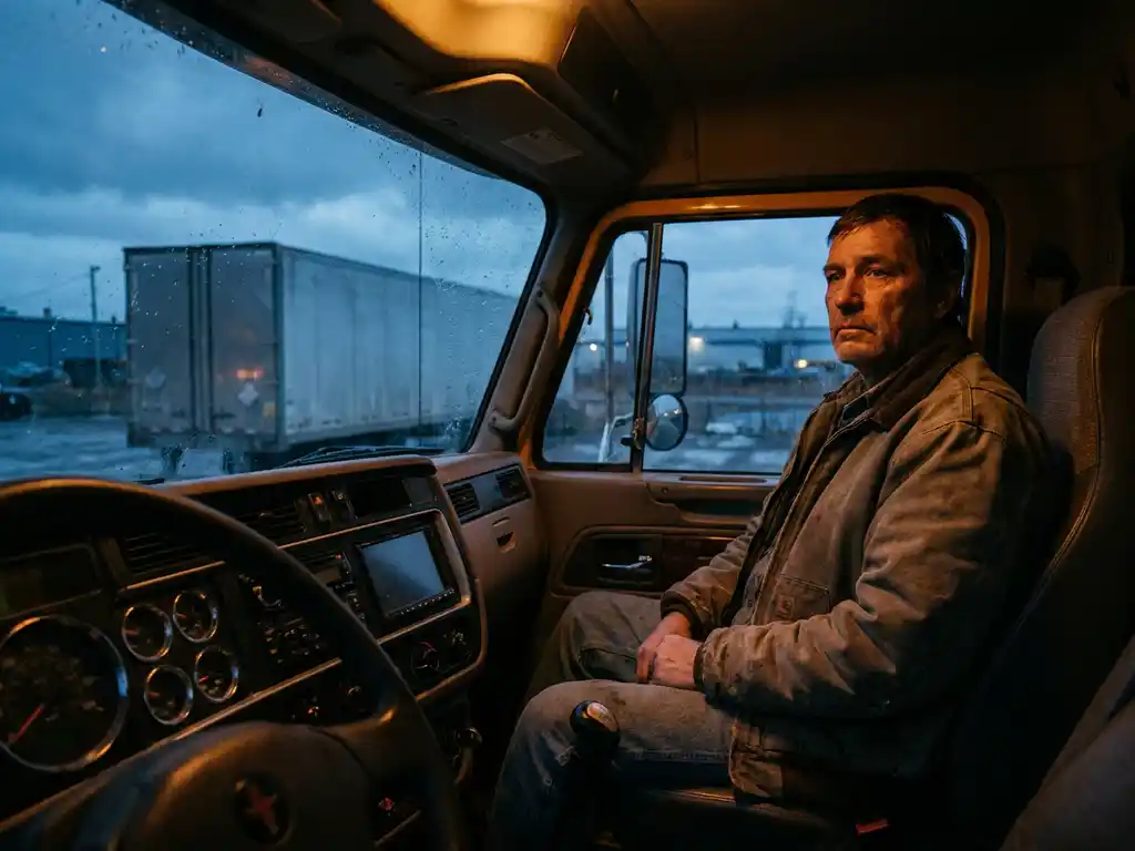 Vrachtwagenchauffeur staart somber naar dashboard in cabine bij schemering, regendruppels op voorruit, ongemarkeerde trailer op achtergrond.