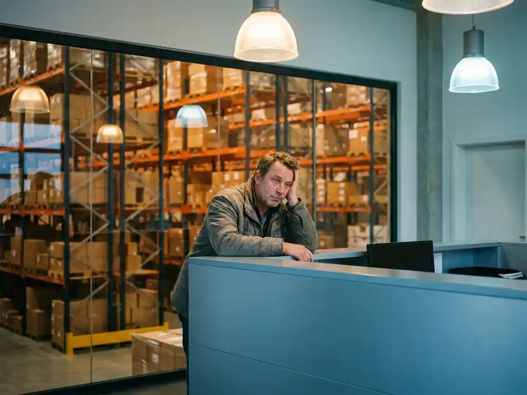 Gefrustreerde klant bij receptiebalie van modern Europees logistiek magazijn met volle palletstellingen op de achtergrond.